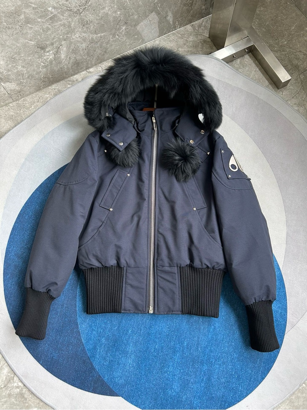 Moose Knuckles Navy Puffer Bomber with Black Fur-Trim Hood